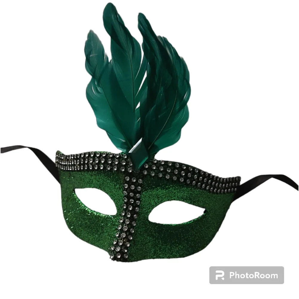 Emerald Green Masquerade Mask Rhinestone and Feather Peacock Style Venetian Gala